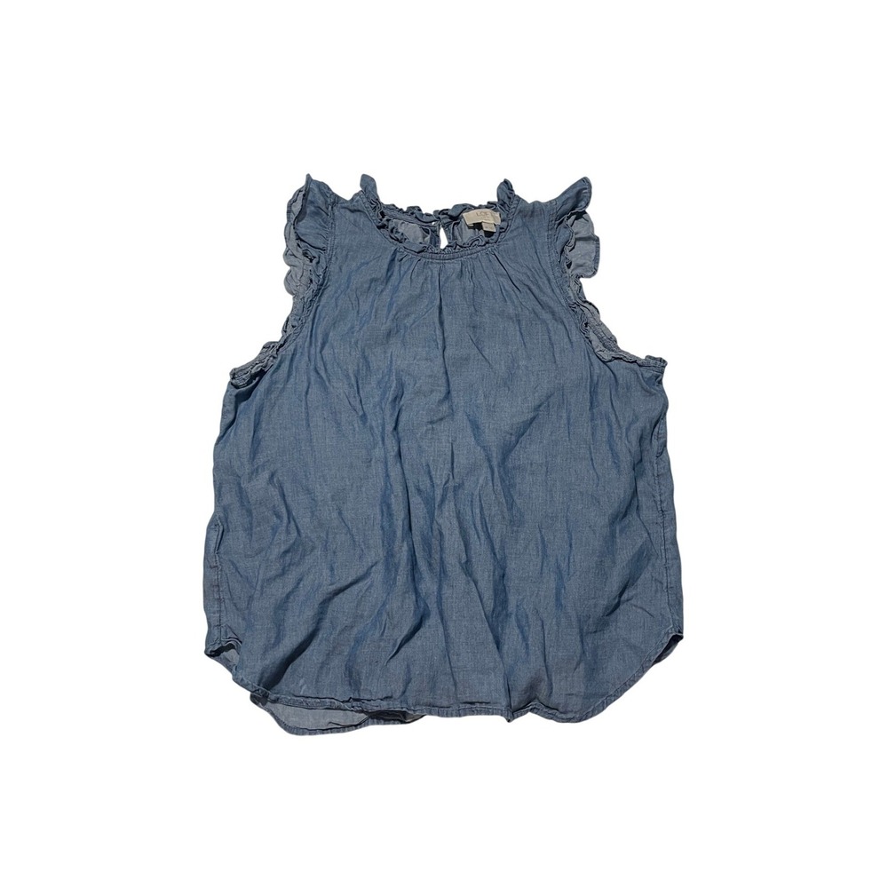 Loft Outlet Petite Chambray Sleeveless Ruffle Neck Blouse Blue MP Medium Petite‎